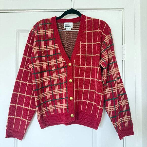 Vintage knit plaid Christmas holiday preppy gift cardigan red grandpa sweater - Picture 1 of 16
